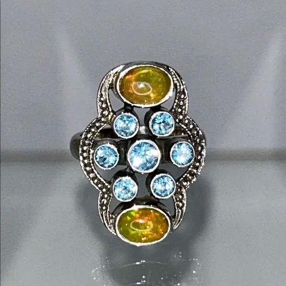 NWOT Genuine Ethiopian Opal Blue Topaz Gemstone Sterling Silver Ring Bohemian - Picture 2 of 11